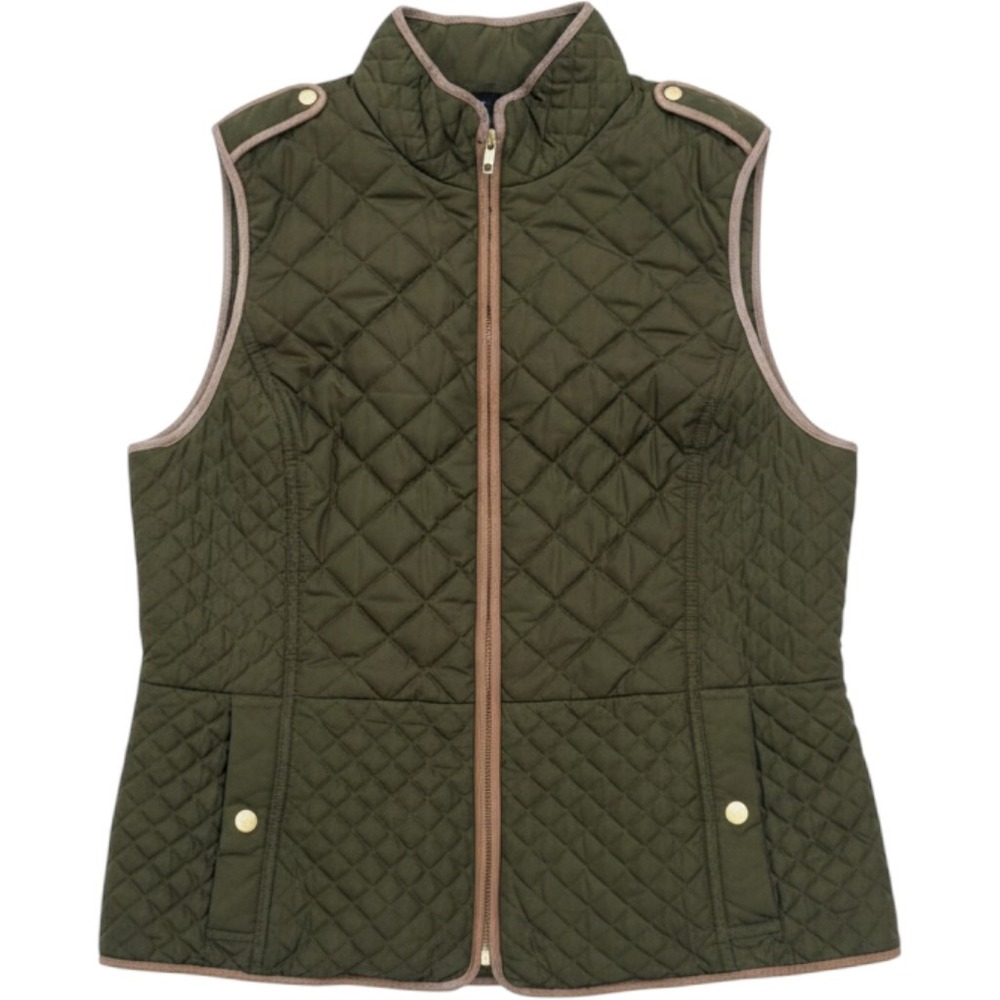 Talbots Quilted Vest Womens Medium Olive Green Fleece Lined Puffer Gathered Back